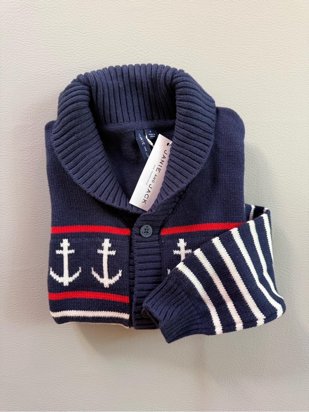 Janie & Jack Nautical Anchor Sweater Shawl Cardigan Boys size 8 - New w Tags